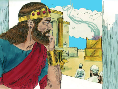 18 anos depois da divisão da nação, o rei Roboão morreu e seu filho Abias foi coroado rei. Ele governava de Jerusalém, onde o Templo de Deus tinha sido construído e os sacerdotes de Deus vieram para prestar os serviços. – Slide número 2