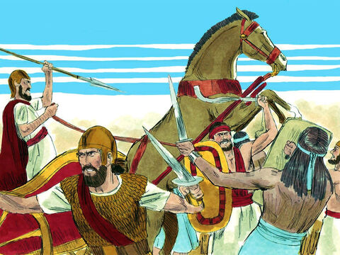 Ao som do grito de guerra, Deus ajudou o exército de Judá a derrotar completamente o exército de Israel. Jeroboão e sua tropa fugiram e sofreram a perda de 500.000 homens. – Slide número 17