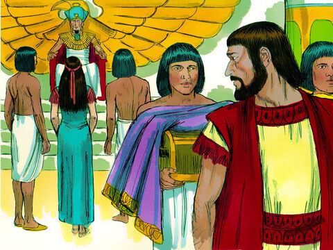 Os oficiais de Faraó, disseram a ele quão bela era a "irmã" de Abrão e a levou para o palácio de Faraó. Ele deu a Abrão gado, burros e presentes. – Slide número 15