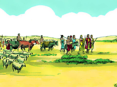 Eles seguiram de volta a seu caminho para Canaã, com gados, burros e os presentes que Faraó lhes tinha dado. – Slide número 18