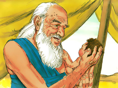 Abraão, que tinha 100 anos de idade, deu a seu filho o nome de Isaque. Isaque significa: "Ele ri".<br/>Abraão observou amorosamente seu filho crescer de um bebê até se tornar um menino. – Slide número 5