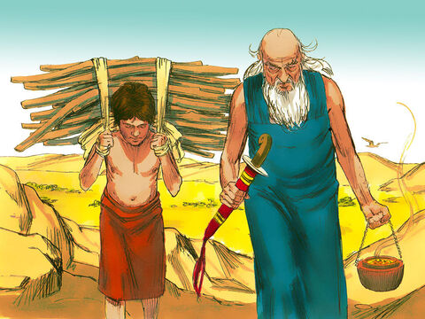 Abraão tomou as madeiras para o holocausto e colocou sobre Isaque para carregá-la, enquanto ele carregava o fogo e a faca. – Slide número 9