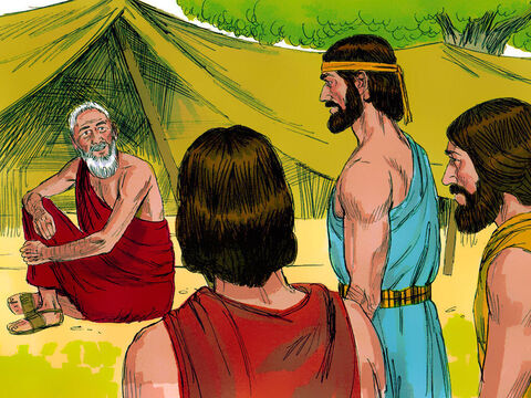 Enquanto Abraão estava sentado perto da entrada de sua tenda, próximo à uma grande árvore em Manre, ele olhou e viu 3 homens parados nas proximidades. A Bíblia diz que um destes era o Senhor. – Slide número 1