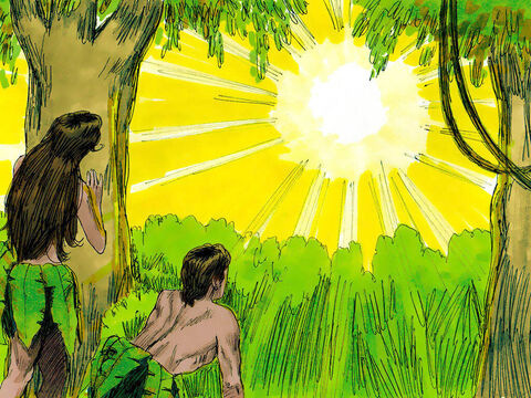 Então os dois ouviram o som de Deus, que estava passeando pelo jardim no frescor do dia. Eles se esconderam de Deus entre as árvores. Deus chamou a Adão: "Onde você está?" – Slide número 7
