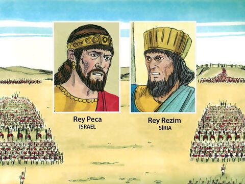 O rei Peca uniu forças com o rei Rezim de Aram (Síria) para invadir Judá e batalhar contra o rei Acaz. O rei Acaz, que tinha sido tão desobediente, não tinha Deus para protegê-lo. – Slide número 3