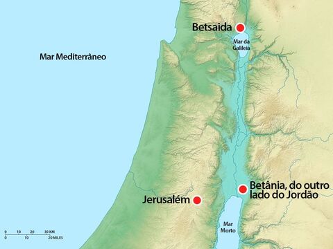 No dia seguinte, Jesus viajou de Betânia para Betsaida, às margens do lago da Galileia. Era a cidade natal de André e Pedro. – Slide número 7