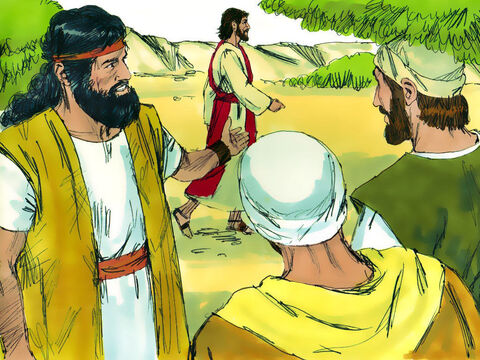 No dia seguinte, enquanto João estava com dois de seus discípulos, Jesus passou por perto. João olhou para Ele atentamente e depois declarou: "Vejam! Aí está o Cordeiro de Deus!" – Slide número 2