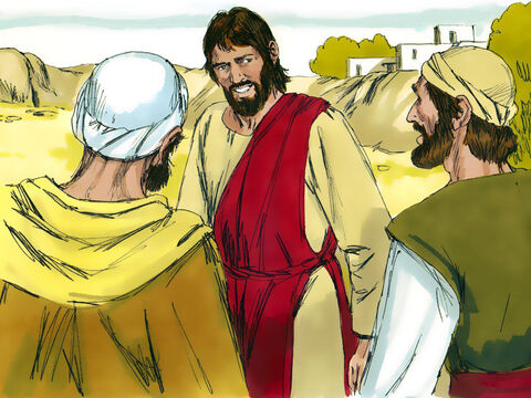 Os dois discípulos de João imediatamente seguiram Jesus. Jesus se virou e os viu vindo em sua direção. "O que vocês querem?", perguntou a eles. "Senhor”, responderam eles, “onde o Senhor está hospedado?", eles perguntaram. "Venham e vejam" disse Jesus. – Slide número 3
