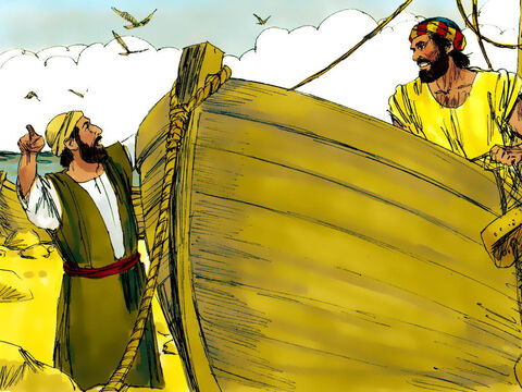André foi chamar seu irmão Simão e disse a ele: "Nós encontramos o Messias!" E ele trouxe Simão para conhecer Jesus. – Slide número 5