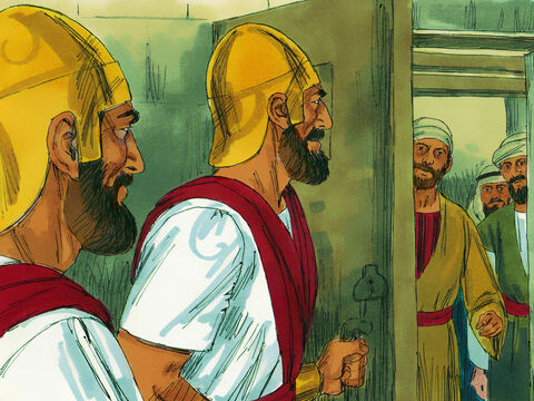 O sumo sacerdote e seus associados ficaram com muita inveja  da popularidade dos Apóstolos. Então eles os mandaram prender e os colocar na prisão. – Slide número 2