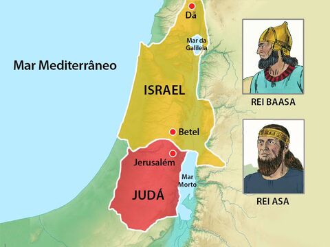 Os israelitas estavam divididos em duas nações. O rei Asa governava as duas tribos judaicas no sul do reino de Judá, enquanto o rei Baasa governava as 10 tribos judaicas no norte do reino de Israel. – Slide número 2