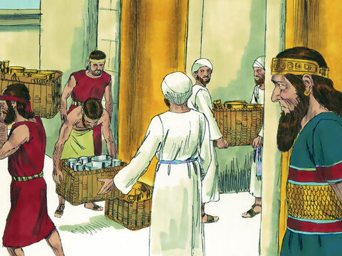 No início de seu reinado, Asa dera prata e ouro para o tesouro do templo. Ele então deu ordens para que o tesouro do Templo fosse invadido, e ouro e prata fossem reunidos e enviados ao rei Ben-Haddad de Harã como suborno. – Slide número 7