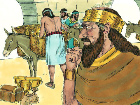 O tesouro do templo chegou em Damasco com uma mensagem do rei Asa: "Que haja um tratado entre Judá e Harã, como houve entre meu pai e seu pai. Eu estou enviando prata e ouro para você. Agora quebre seu acordo com o rei Baasa de Israel, então ele terá que se retirar." – Slide número 8