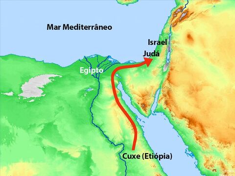 O rei Zerá de Cuxe (atual Etiópia) decidiu marchar com seu grande exército para atacar Judá. – Slide número 6