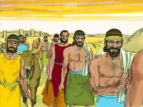 Eles destruíram as cidades vizinhas e retornaram para Jerusalém com muito saque, incluindo rebanhos de ovelhas, cabras e camelos. – Slide número 15