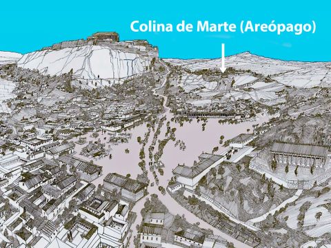 Esta ilustração mostra o Monte de Marte com o afloramento rochoso da Acrópole à esquerda. – Slide número 3