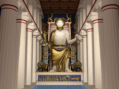 Reconstrução da imagem de Zeus no templo de Zeus, por John Goodinson. Zeus era considerado o deus do céu e do trovão que governava como rei dos deuses. A estátua tinha mais de 10 metros de altura e era feita de marfim e ouro. Zeus usava um manto, coroa e carregava seu poderoso raio em uma das mãos e uma estátua menor de Nike na outra. – Slide número 11