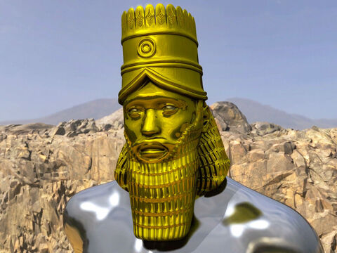 "A cabeça da estátua era feita de ouro puro". Daniel explicou que isto representava o poderoso reino do rei Nabucodonosor e do Império Babilônico (605 a.C - 539 a.C). – Slide número 4
