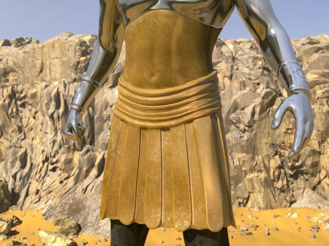 A barriga e as coxas da estátua eram feitas de bronze. Daniel explicou que isto representava um terceiro reino que governaria sobre toda a terra. (A maioria pensa que este era o Império Grego, 331 a.C - 168 a.C). – Slide número 6