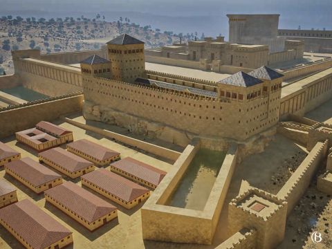 Josefo escreveu “A aparência geral do todo era de uma torre principal com outras torres em cada um dos quatro cantos;  Três destas torres tinham quinze côvados de altura (25m ou 82ft), enquanto a que ficava do lado sudeste alcançava setenta côvados (37m ou 122ft) e assim comandava uma visão ampla de toda a área do Templo”. Josefo nos conta que a Fortaleza de Antônia foi construída em uma rocha de 25 metros acima da plataforma do Monte do Templo. – Slide número 2