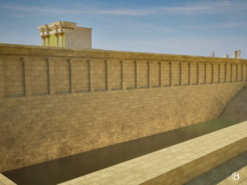 Na extremidade oriental da parede norte ficava o Reservatório de Israel (ou Birket Israil). Tratava-se de uma cisterna pública construída pelos romanos para servir de reservatório de água.<br/>Formou o maior reservatório de Jerusalém, medindo 109,7 m (360 pés) por 38,4 m (126 pés) com profundidade máxima de 26 m (85 pés). – Slide número 14
