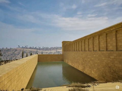 A cisterna tinha uma capacidade total de 120.000 metros cúbicos e durante séculos fez parte do sistema de armazenamento de águas pluviais de Jerusalém. A piscina também serviu como fosso, protegendo a parede norte defensivamente vulnerável do Monte do Templo. – Slide número 15