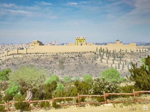 Assim era o Templo de Jerusalém no tempo de Jesus no Monte das Oliveiras. O historiador Josefo escreveu que o Templo “parecia à distância como uma montanha coberta de neve; pois tudo o que não era revestido de ouro era do mais puro branco”. – Slide número 1