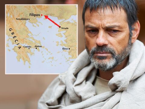 Em Trôade, Paulo teve uma visão de um homem da Macedônia implorando-lhe:<br/>– Venha à Macedônia e ajude-nos.<br/>Então eles navegaram pela costa da Macedônia. – Slide número 2
