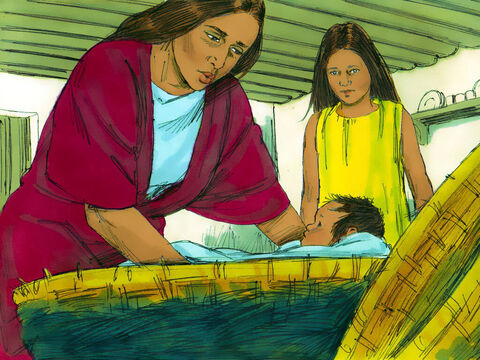 Ela colocou o bebê na cesta e o levou para o rio Nilo. Sua filha Miriam ajudou-a. – Slide número 16