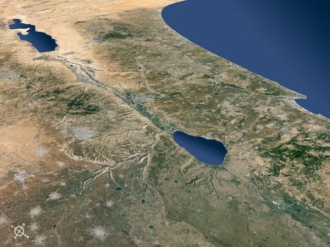 Vista aérea de Israel e das regiões vizinhas, a partir do nordeste em direção sudoeste. – Slide número 6