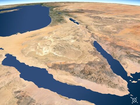 Península do Sinai avistada do sudoeste. O Golfo de Suez, a oeste, e o Golfo de Ácaba, ao leste, fluindo para o Mar Vermelho. – Slide número 11