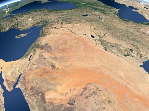 Vista aérea do Oriente Médio a partir do sudoeste, mostrando as planícies dos rios Tigre e Eufrates ao norte (Mesopotâmia). – Slide número 14