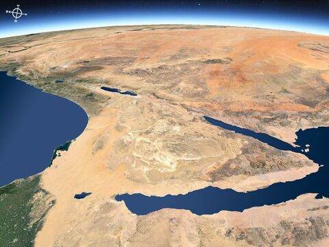 Vista aérea do Oriente Médio a partir do sudoeste, com a Península do Sinai em primeiro plano. – Slide número 15