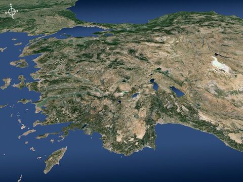 Vista aérea da linha costeira nordeste do Mar Mediterrâneo avistada do sul (atual Turquia). – Slide número 19