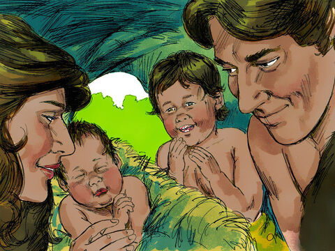 Adão e Eva tiveram um menino a quem eles deram o nome de Caim. Mais tarde, Eva deu à luz a um outro filho que foi chamado de Abel. – Slide número 1