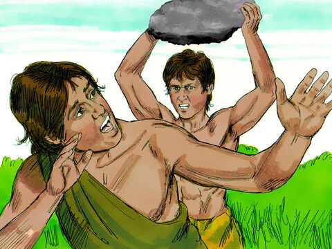 Enquanto eles estavam no campo, Caim atacou seu irmão, Abel, e o matou. – Slide número 7