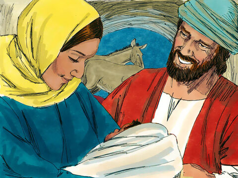 Naquela noite Maria deu à luz a seu filho primogênito. Ela o envolveu em panos e o colocou em uma manjedoura. – Slide número 15