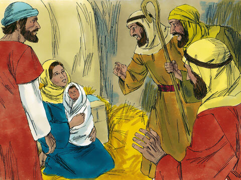 Eles foram rapidamente para Belém e encontraram Maria, José e o menino, deitado na manjedoura. – Slide número 7