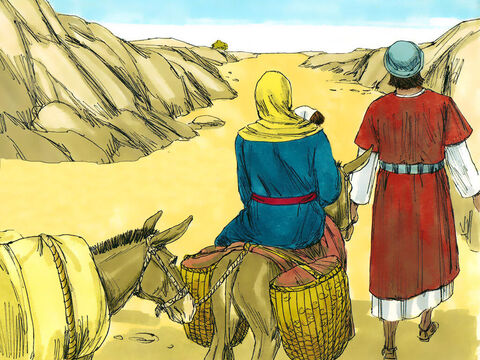 Durante a noite, José se levantou e saiu de Belém com Maria e o menino Jesus. Eles seguiram para o sul em longa viagem ao Egito. – Slide número 11
