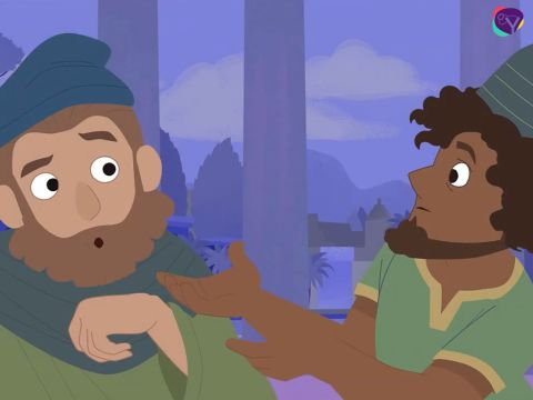 Com as vozes trêmulas eles disseram:<br/>– Não há ninguém na terra que possa fazer o que o rei está pedindo. É muito difícil. – Slide número 7