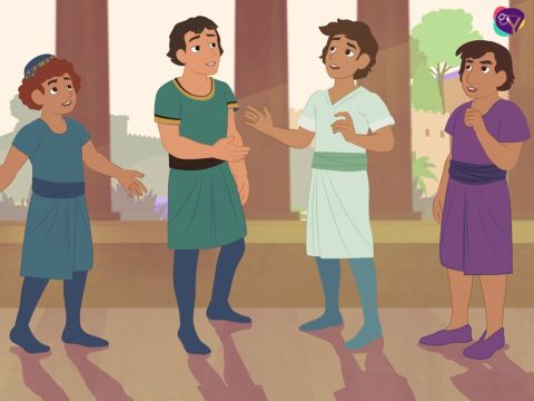 Imediatamente, Daniel voltou para seus três amigos, Hananias, Misael e Asarias para compartilhar com eles o que havia acontecido e sobre a ordem do rei para matar todos os sábios do reino. Isto significava que a vida deles estava ameaçada. Eles sabiam que Deus era o único que poderia ajudar Daniel entender este sonho secreto, então oraram a Deus por ajuda. Com um coração sincero Daniel pediu a Deus por sabedoria. – Slide número 11