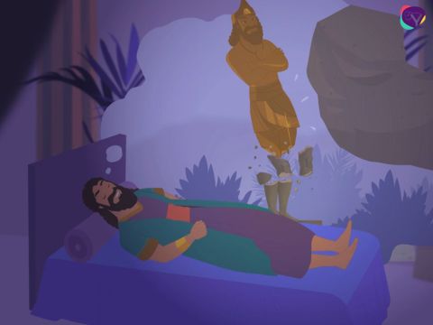 Daniel continuou:<br/>– Então o senhor viu uma pedra rolando em direção aos pés desta enorme estátua. A pedra veio de uma montanha, onde havia sido cortada por alguém que não era humano. A pedra atingiu as pernas da estátua e toda a estátua caiu no chão e se despedaçou. – Slide número 14
