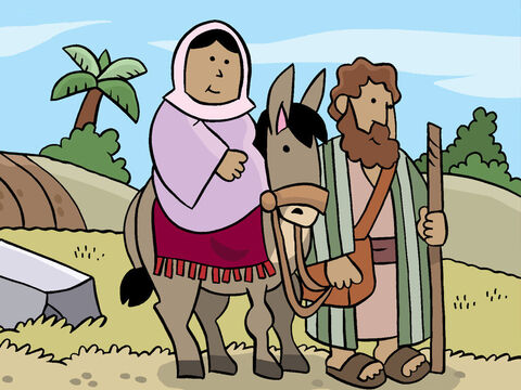 A família de José era de Belém, uma pequena cidade próxima a Jerusalém. Então José levou Maria, sua noiva, e eles começaram a viagem para Belém. – Slide número 3