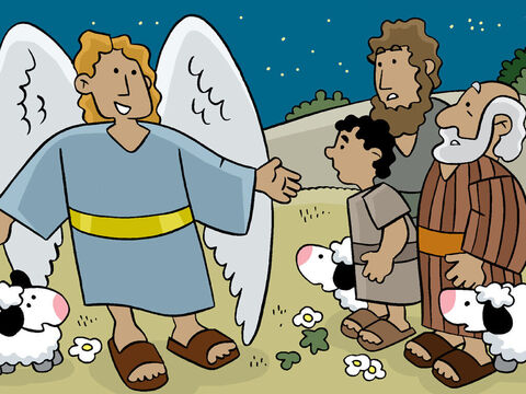 De repente, um anjo apareceu. Os pastores ficaram com medo.<br/>"Não tenham medo", disse o anjo. “Trago-lhes boas notícias”. – Slide número 11