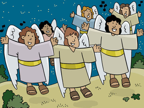 No mesmo momento, uma multidão de anjos apareceu no céu cantando louvores a Deus: “Glória a Deus no céu, e paz na terra a todos os homens”. – Slide número 13