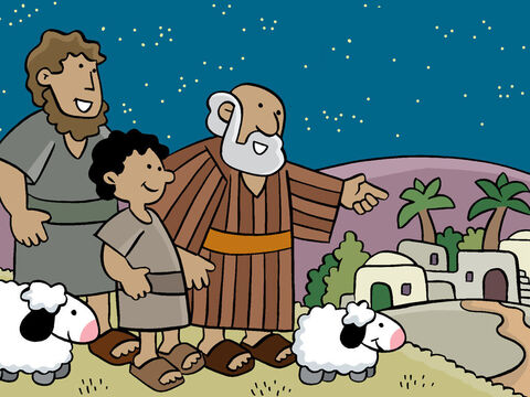 Os pastores estavam entusiasmados e concordaram: "Vamos a Belém para ver o Bebê". – Slide número 14