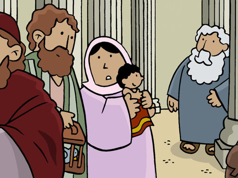 Nesse momento, Simeão chegou ao templo e notou um jovem casal segurando um bebê. Simeão soube imediatamente que esse bebê era o Filho de Deus, o Salvador, que Deus havia prometido enviar. – Slide número 8