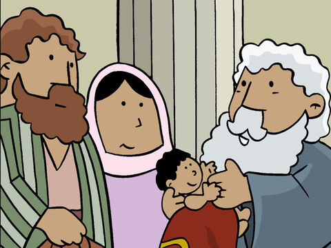 Simeão foi até Maria e José e pediu para segurar o Bebê para abençoá-lo. – Slide número 9