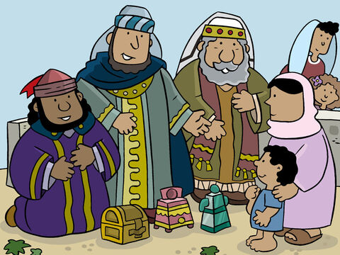 Então eles ofereceram a Jesus presentes que haviam trazido dizendo: "Trazemos presentes de ouro, incenso e mirra". – Slide número 5