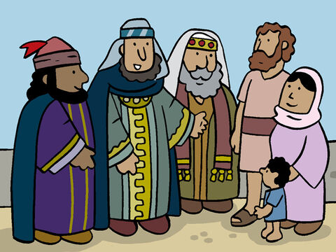 Os sábios disseram a Maria e José: "Assim fomos levados até vocês e encontramos Jesus. Ele é o Rei recém-nascido"! Então eles explicaram: “Partiremos amanhã de manhã e contaremos ao rei Herodes a boa-nova”. – Slide número 16